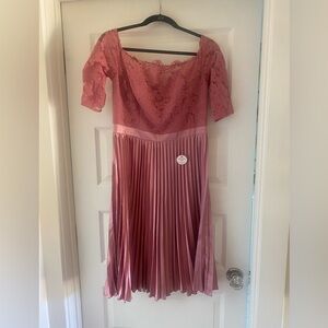 Chi Chi London Dress - Lace off the shoulder; Half Sleeve; Knee Length; Pleated